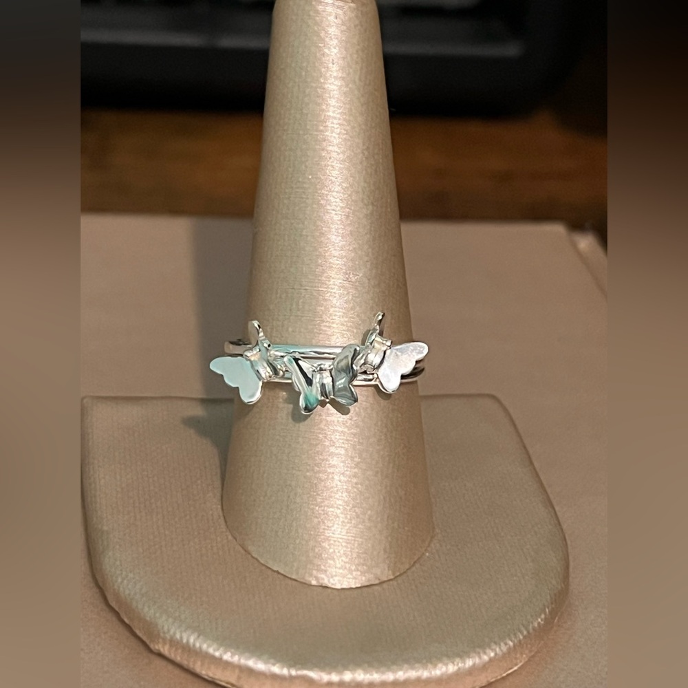 Three piece silver butterfly band ring